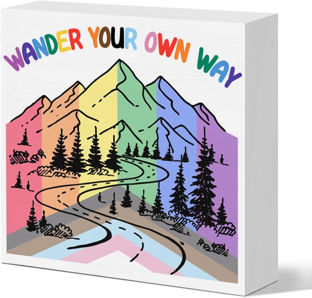 LGBT Decor Desk Sign – 5x5 Inches Wooden Box Sign with "Wander Your Own Way" Rainbow Pride Graphic – Aesthetic LGBTQ Ally Room Accent, Home Office Display, & Pride Month Gift for Lesbian, Gay, Queer & Friends